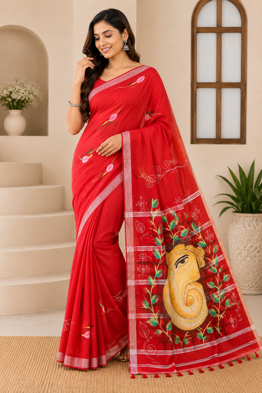 Pure Lilen Saree Fabric Work| Red