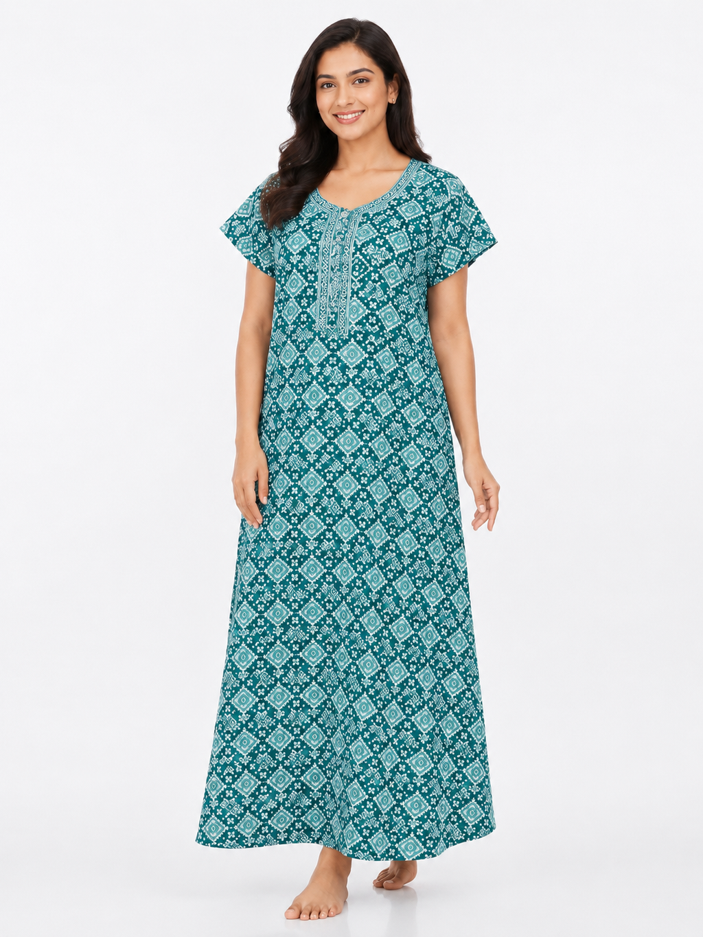 XXL Size| Pure Cotton Half Sleeve Allen Cut Nighty | Green