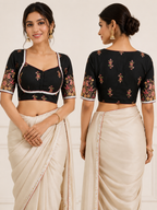 Premium Sweetheart Neck Half Sleeve Silk Blouse | Black