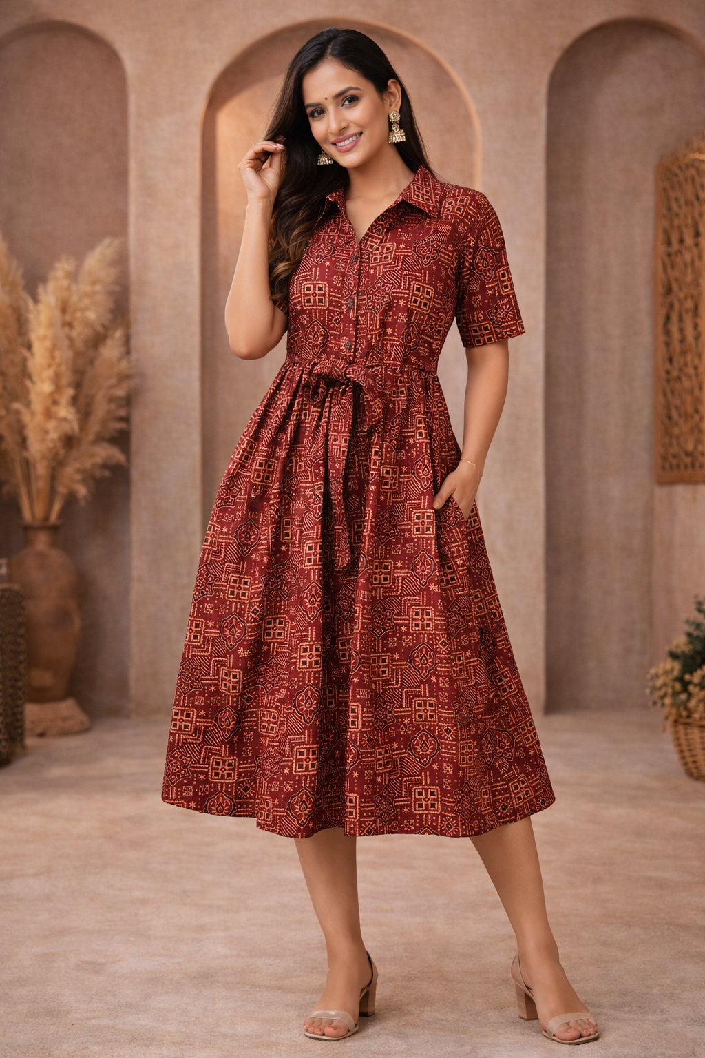 3XL Size| Cotton Azrak Printed Frock Pattern Collar Gown/one piece| Red