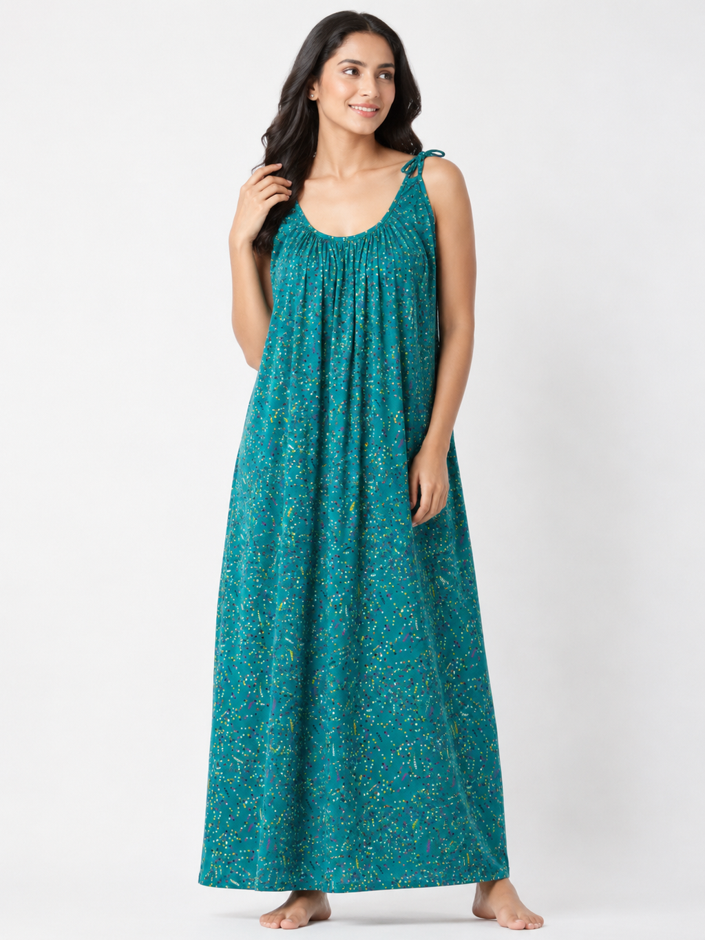 Pure Cotton Sleeveless knot round Cut Nighty | Green