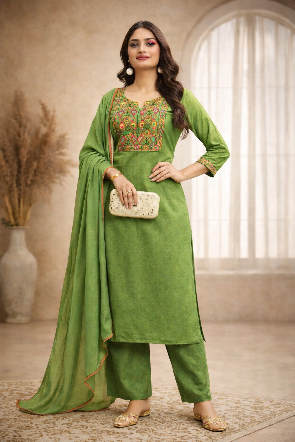 M SIZE| Premium Cotton 3 Pieces Stitched  Kurti/Salwar Suit| Green
