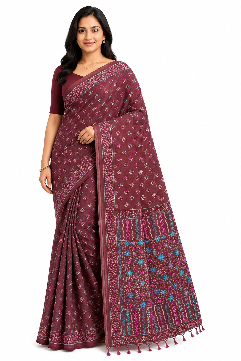 Hand Katha Stitch Silk Saree| Maroon Red