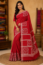 Pure Lilen Saree Fabric Work| Red