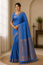 Semi Raw Silk Banarasi Saree With Zari Work| Blue