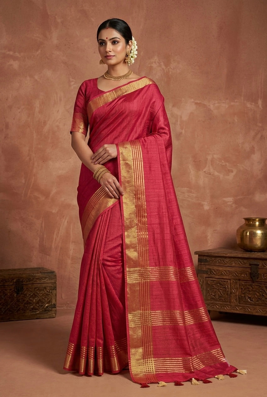 Pure Ghicha Plain Silk Saree With Silkmark | Red