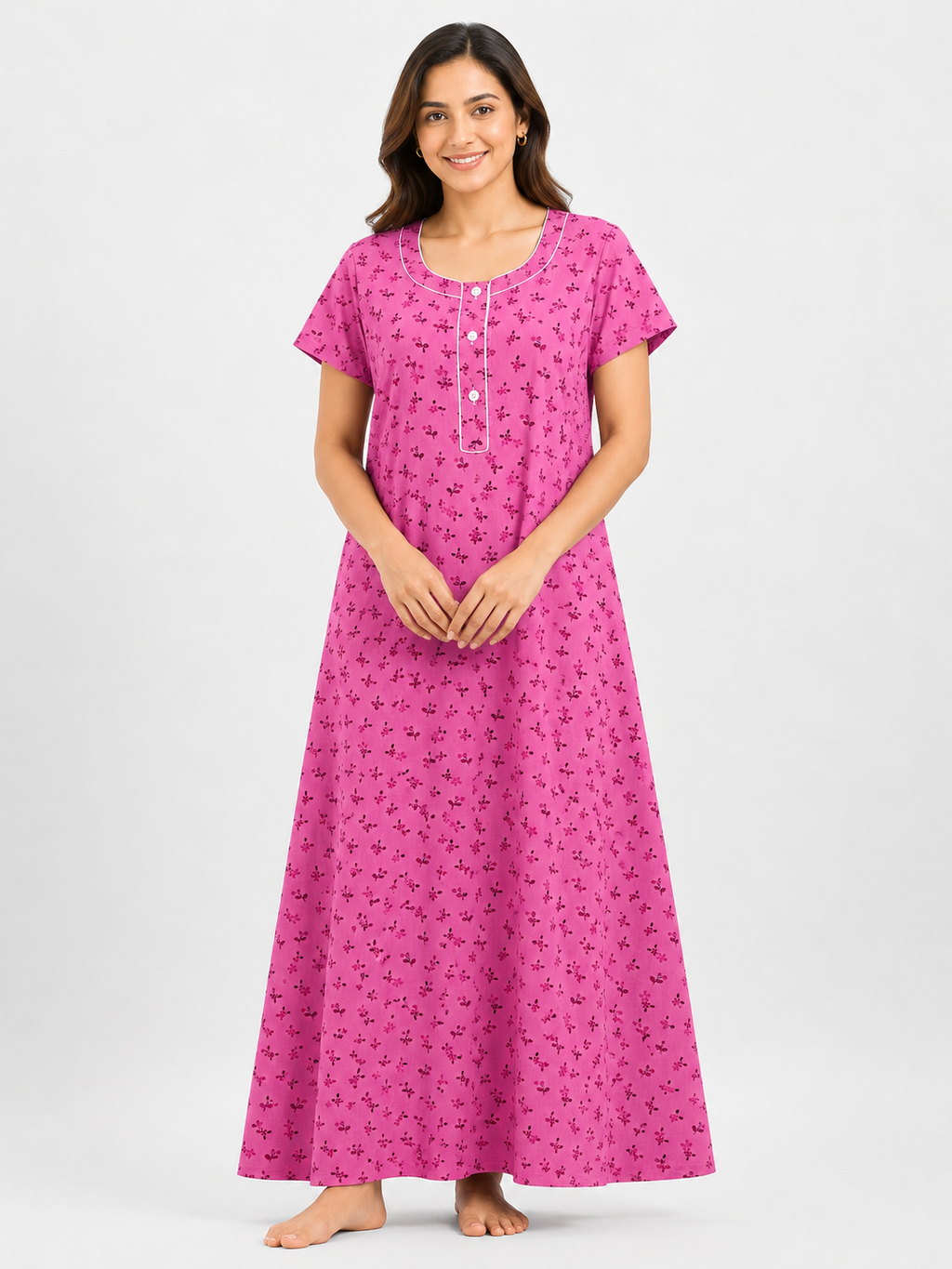 XXL Size| Pure Cotton Round Neck Sleeve Nighty | Pink