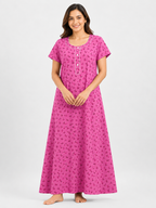 XXL Size| Pure Cotton Round Neck Sleeve Nighty | Pink