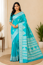 Printed Pure Katan Silk With Silkmark | Sky Blue