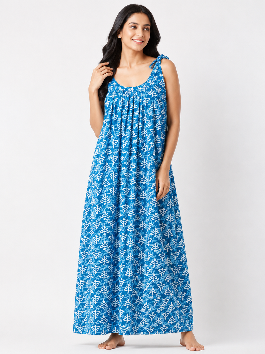Pure Cotton Sleeveless knot round Cut Nighty | Blue