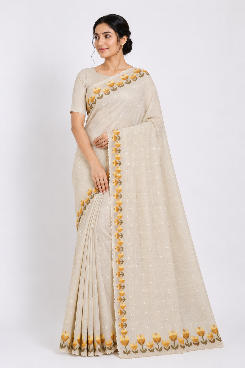 Premium Stitched Resham Kota Saree| White