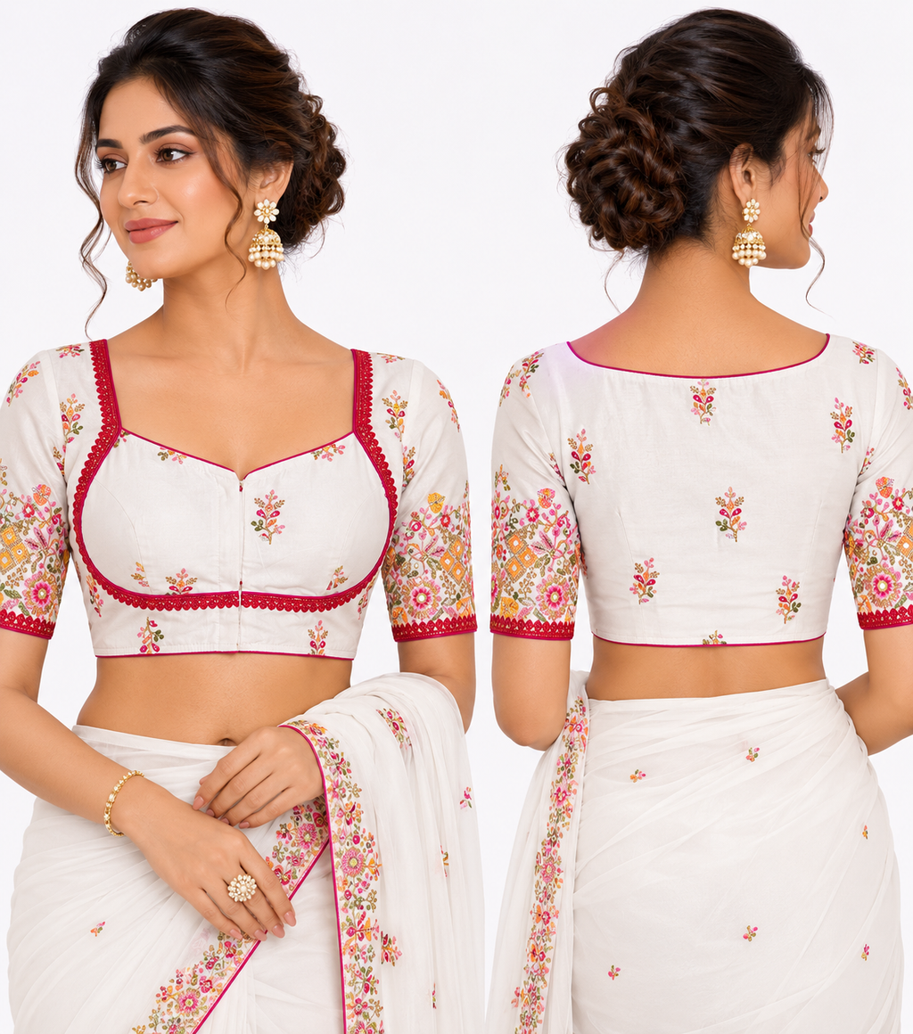 Premium Sweetheart Neck Half Sleeve Silk Blouse | White