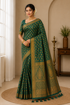Semi Raw Silk Banarasi Saree With Zari Work| Bottle Green