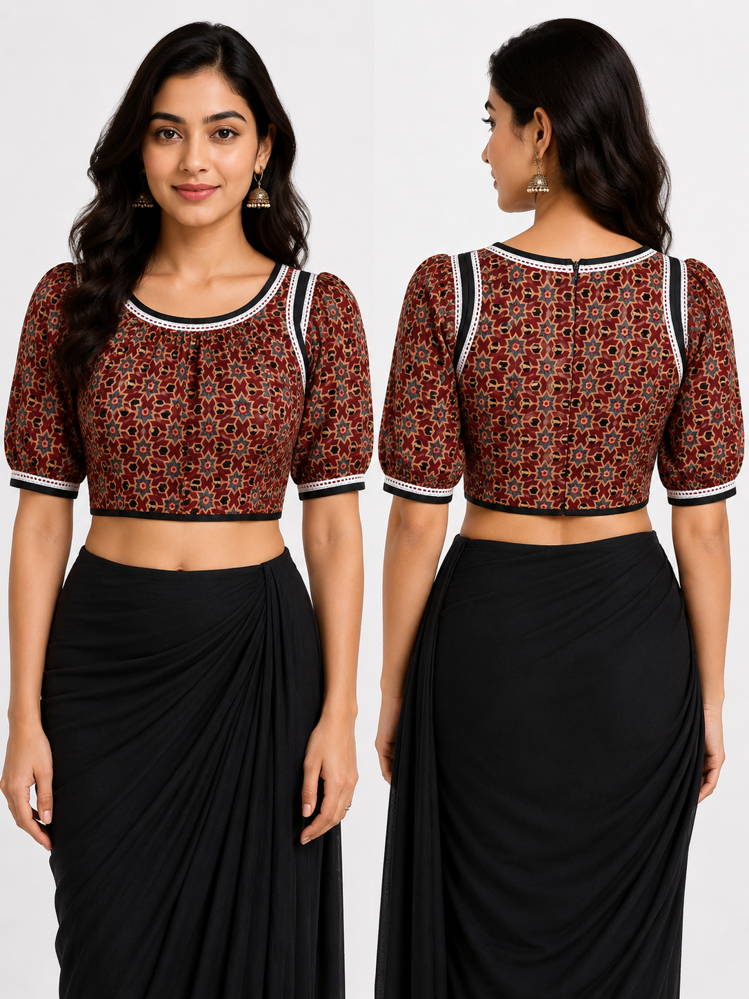 Cotton Round Neck Half Sleeve Blouse | Brown