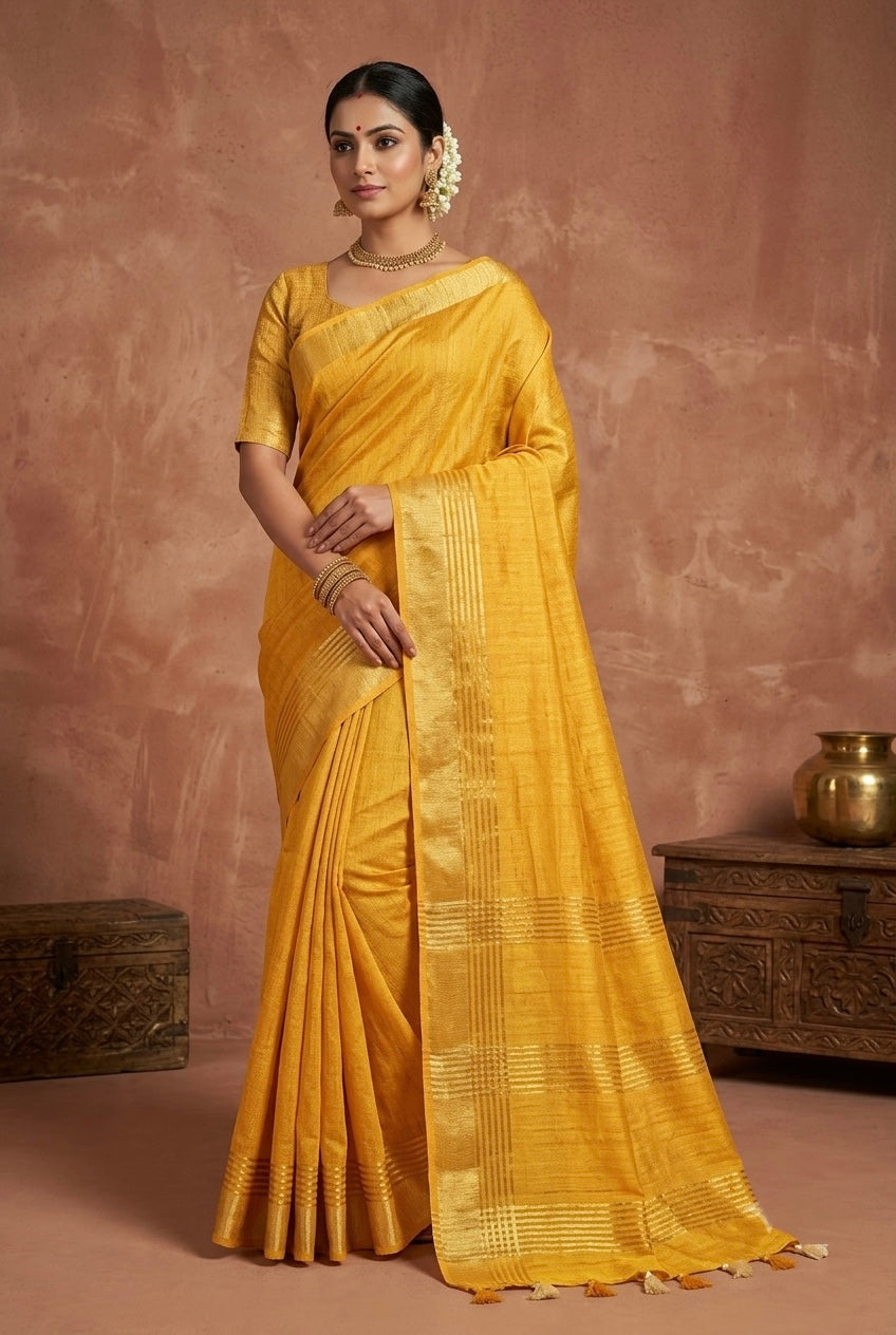 Pure Ghicha Plain Silk Saree With Silkmark | Yellow