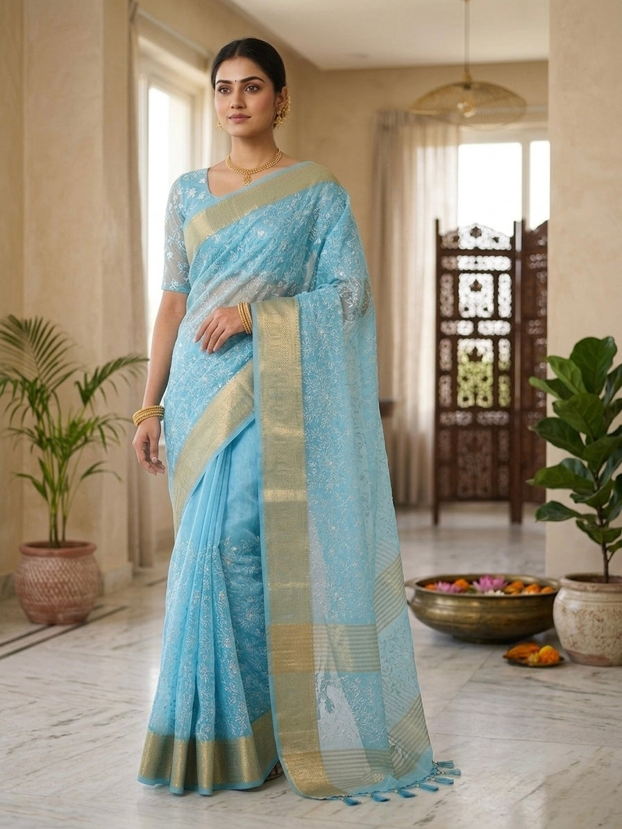 Stitch Work Organza Silk Saree| Blue