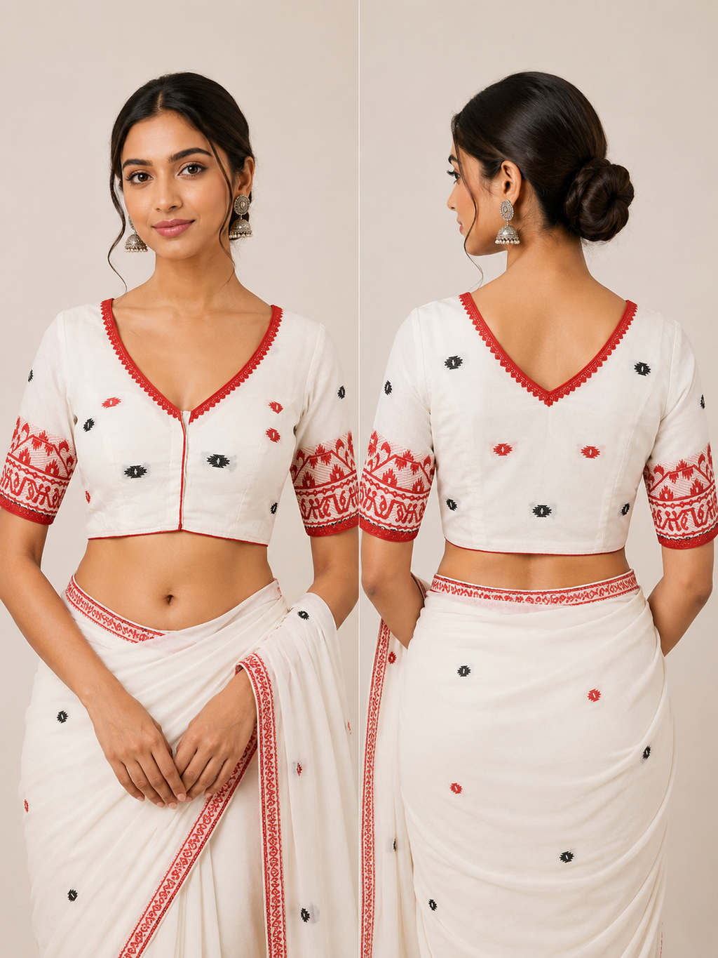 Cotton V Neck Sleeveless Jamdani Blouse | White
