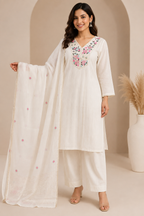 M SIZE| Premium Silk 3 Pieces Stitched Kurti/Salwar Suit| White