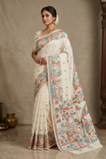 Pure Katha Stitch Silk Saree With Silkmark | White