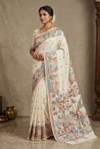 Pure Katha Stitch Silk Saree With Silkmark | White
