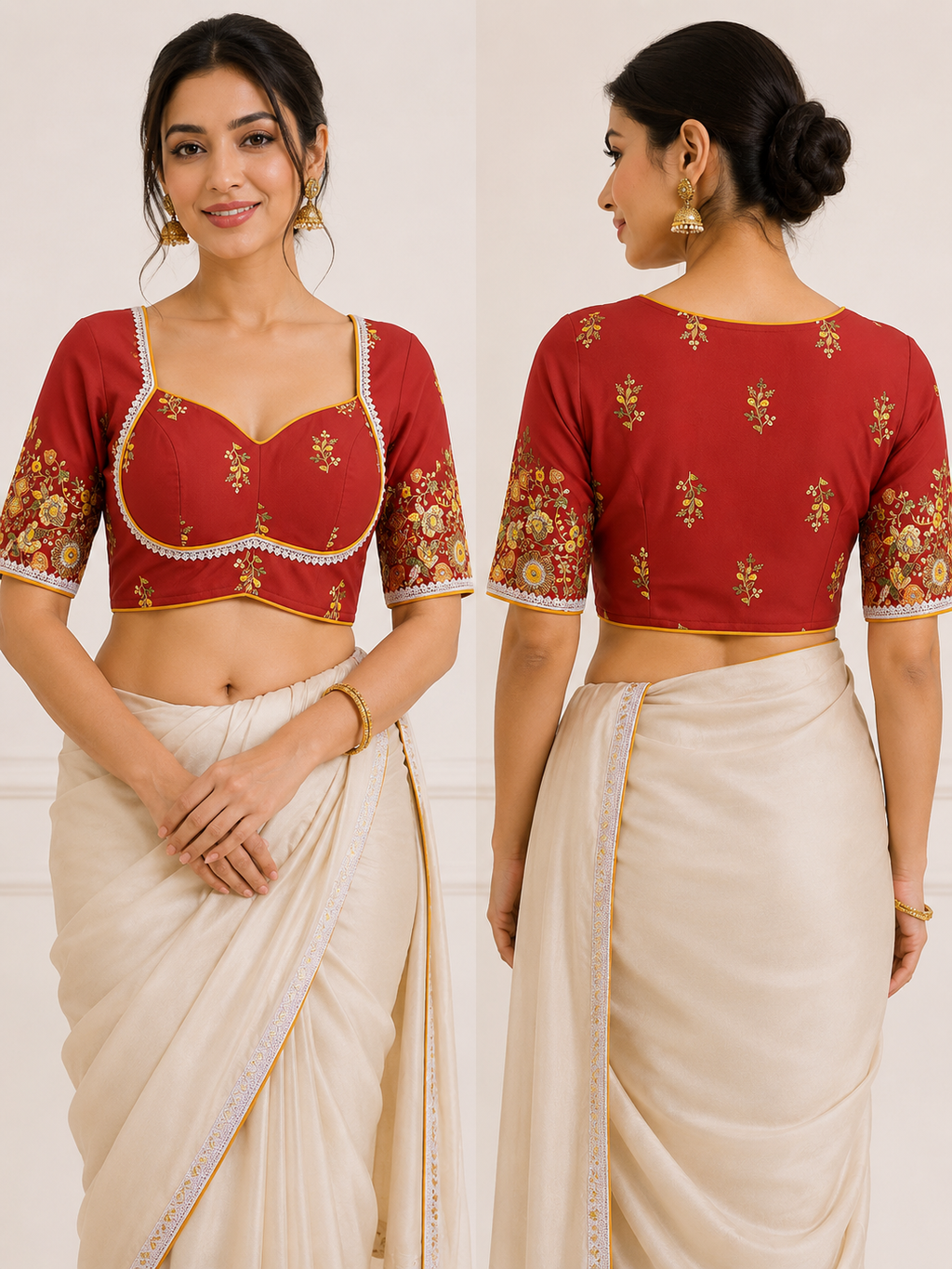 Premium Sweetheart Neck Half Sleeve Silk Blouse | Red