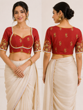 Premium Sweetheart Neck Half Sleeve Silk Blouse | Red