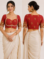 Premium Sweetheart Neck Half Sleeve Silk Blouse | Red