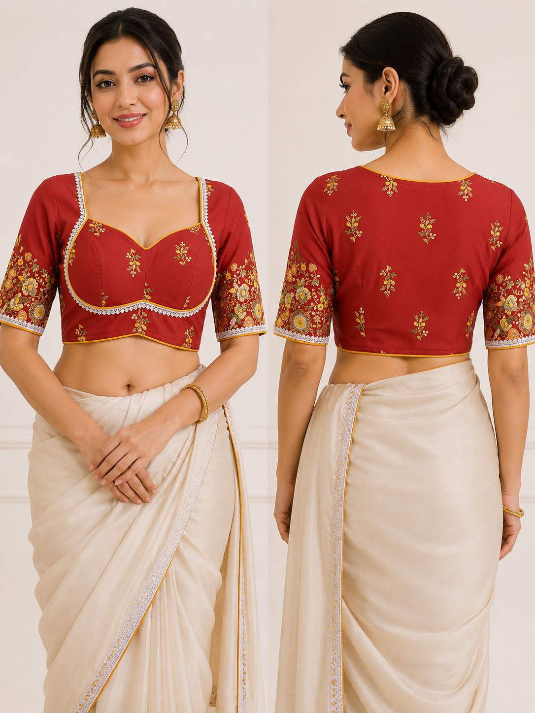 Premium Sweetheart Neck Half Sleeve Silk Blouse | Red