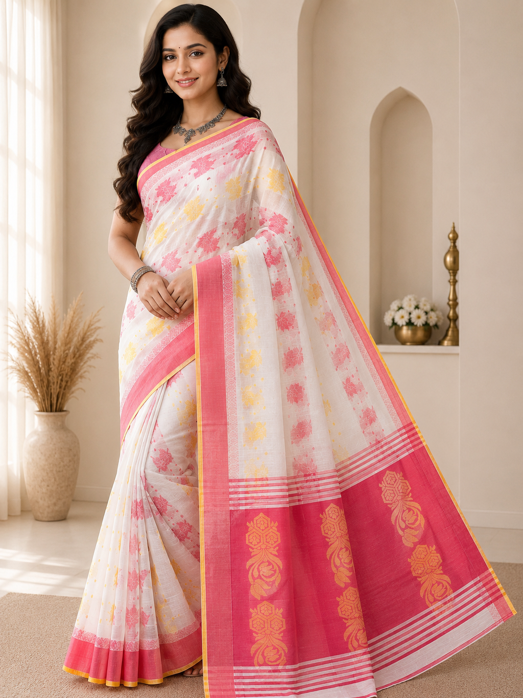 Handloom Saree With Self Work| White and Red