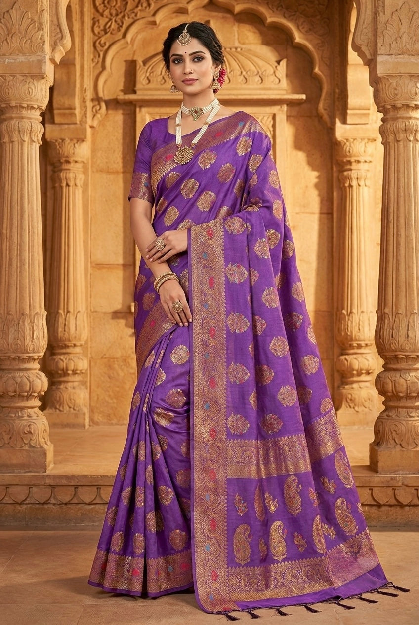 Pure Tassar Banarasi Silk Saree With Silkmark | Purple