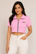 Free Size| Size Ladies Premium Crop Shirt Top| Pink (Best fit M/ L)