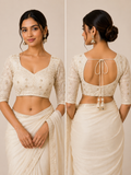 Cotton Sweetheart Neck Half Sleeve Brocade Blouse | White
