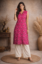 XL Size| Pure Cotton Printed Ajrak Sleeveless Kurti With Collar | Rani