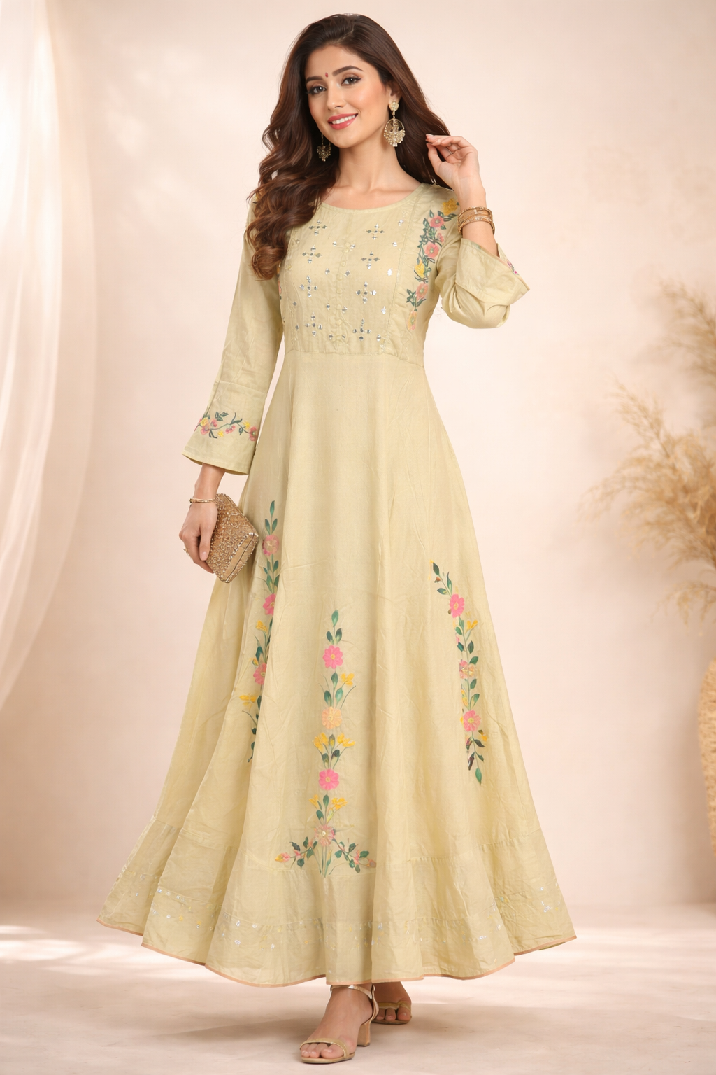 XXL Size| Rayon Printed Frock Pattern Gown/one piece|Beige