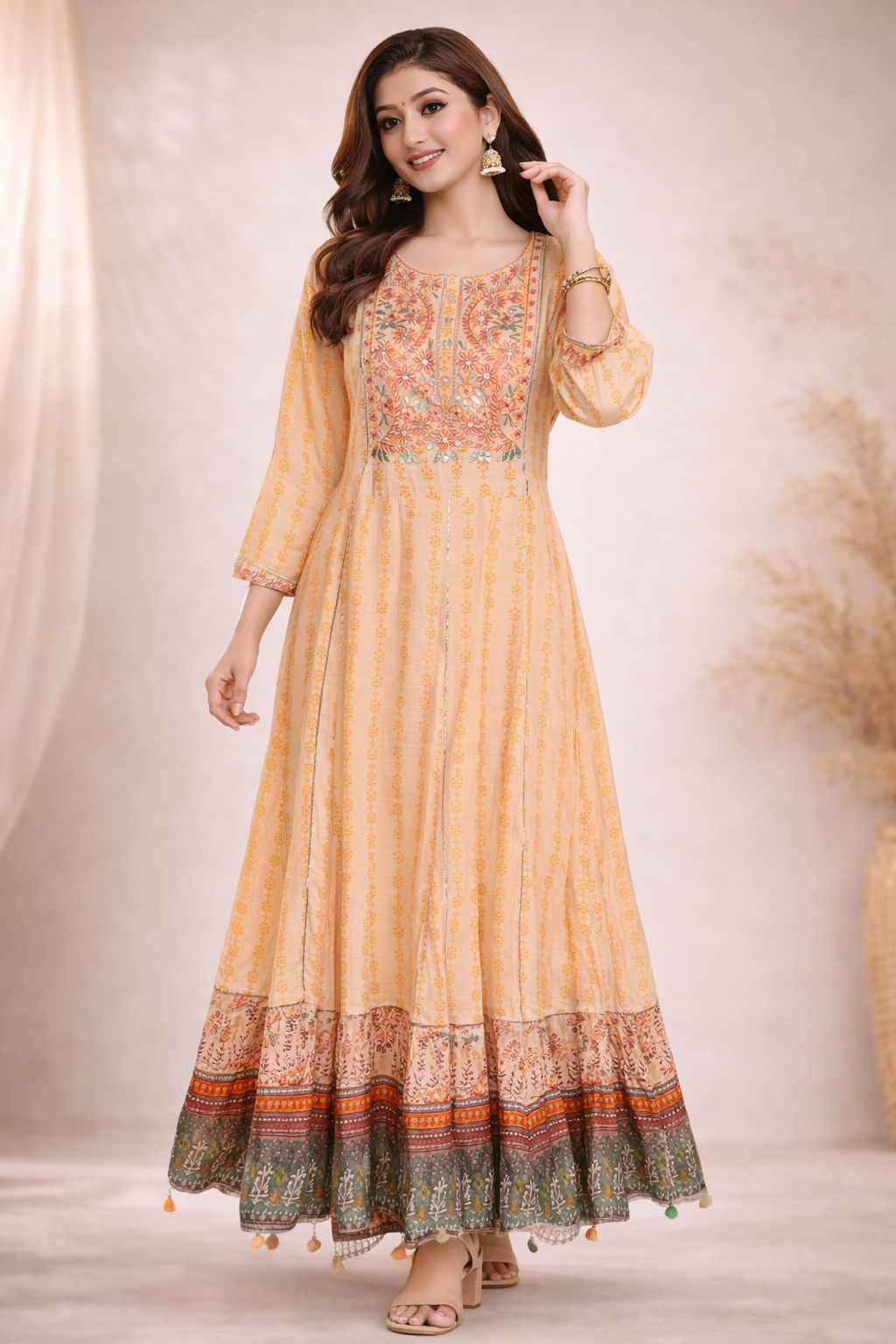 M Size| Cotton Printed Frock Pattern Gown/one piece|Peach