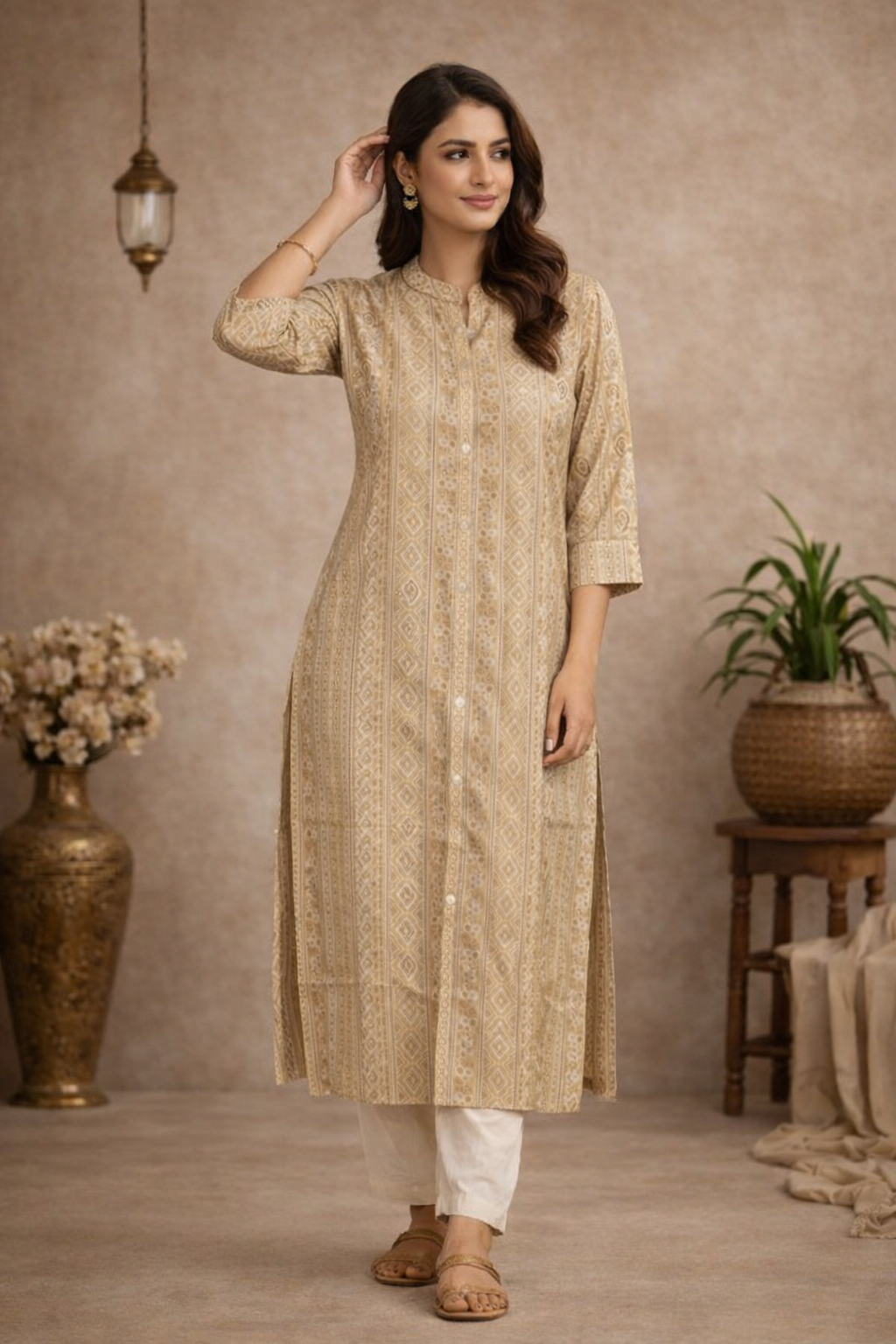 XL Size| Premium Rayon Printed Kurti With Mandarin Collar| Golden Yellow