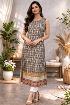 L Size| Premium Pure Cotton Sleeveless Printed Kurti| Black