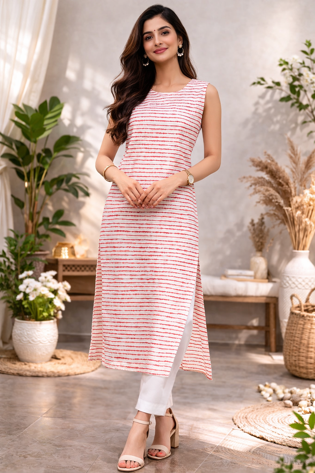XL Size| Premium Pure Cotton Sleeveless Printed Kurti| Pink