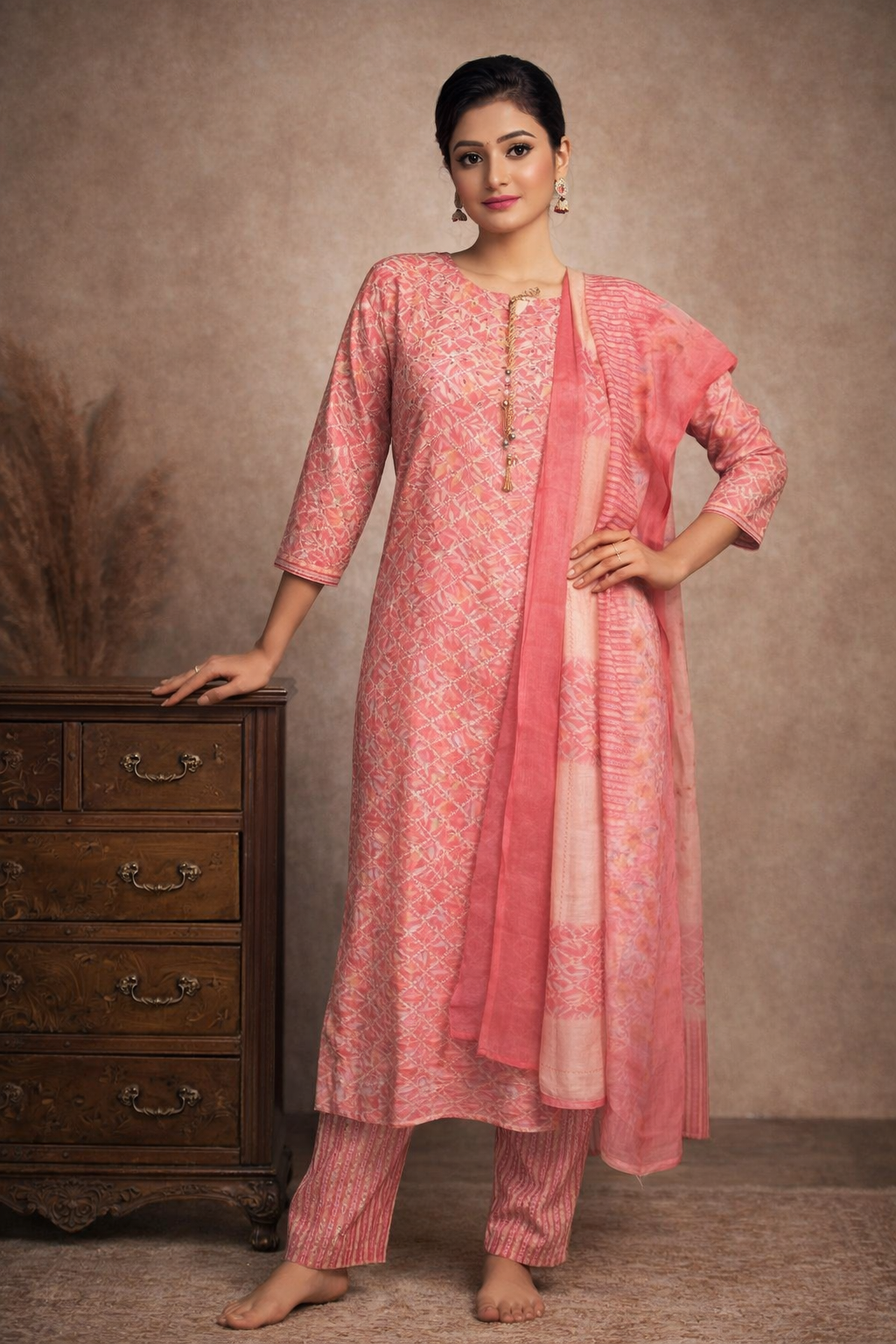 XXL SIZE| Premium Cotton 3 Pieces Print Kurti/Salwar Suit| Pink