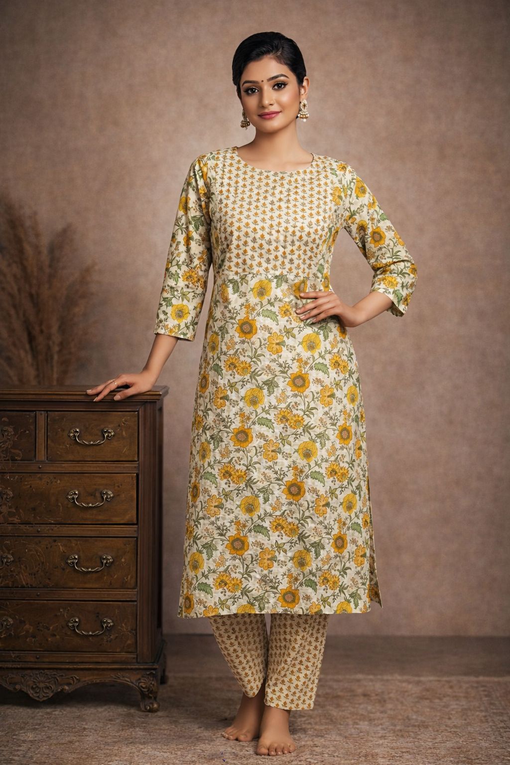 XL SIZE| Premium Cotton 2 Pieces Print Kurti/Salwar Suit| White