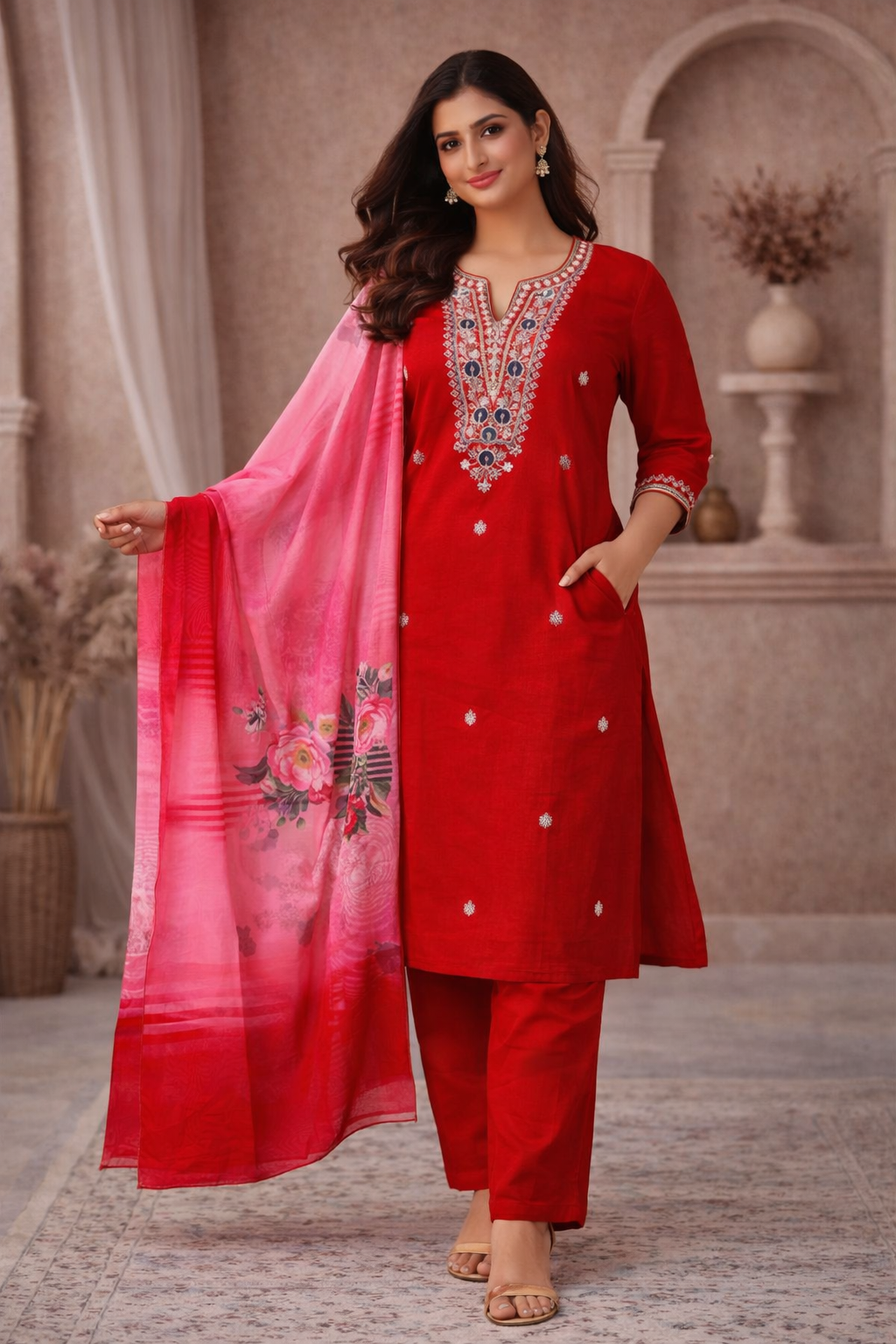 XL SIZE| Premium Silk 3 Pieces Stitched Kurti/Salwar Suit| Red