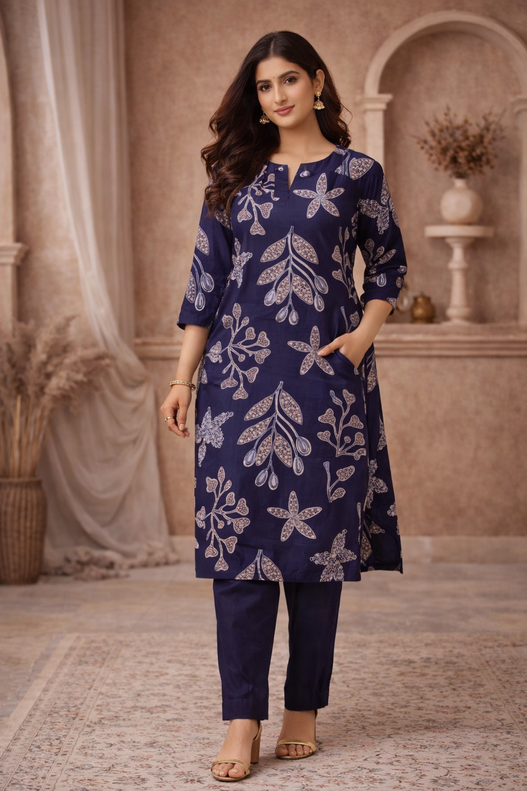 3XL SIZE| Vatican Silk 2 Pieces Printed Designer Kurti/Salwar Suit| Navy Blue