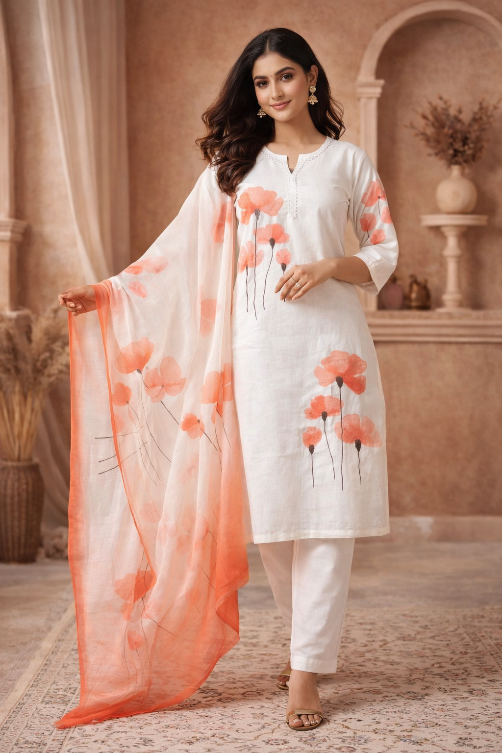 XL SIZE| Premium Cotton 3 Pieces Printed Designer Kurti/Salwar Suit| White