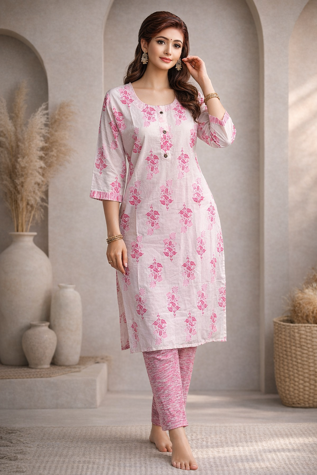 L SIZE| Premium Cotton 2 Pieces Print Kurti/Salwar Suit| White