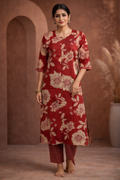 3XL SIZE| Premium Cotton 2 Pieces Print Kurti/Salwar Suit| Maroon Red