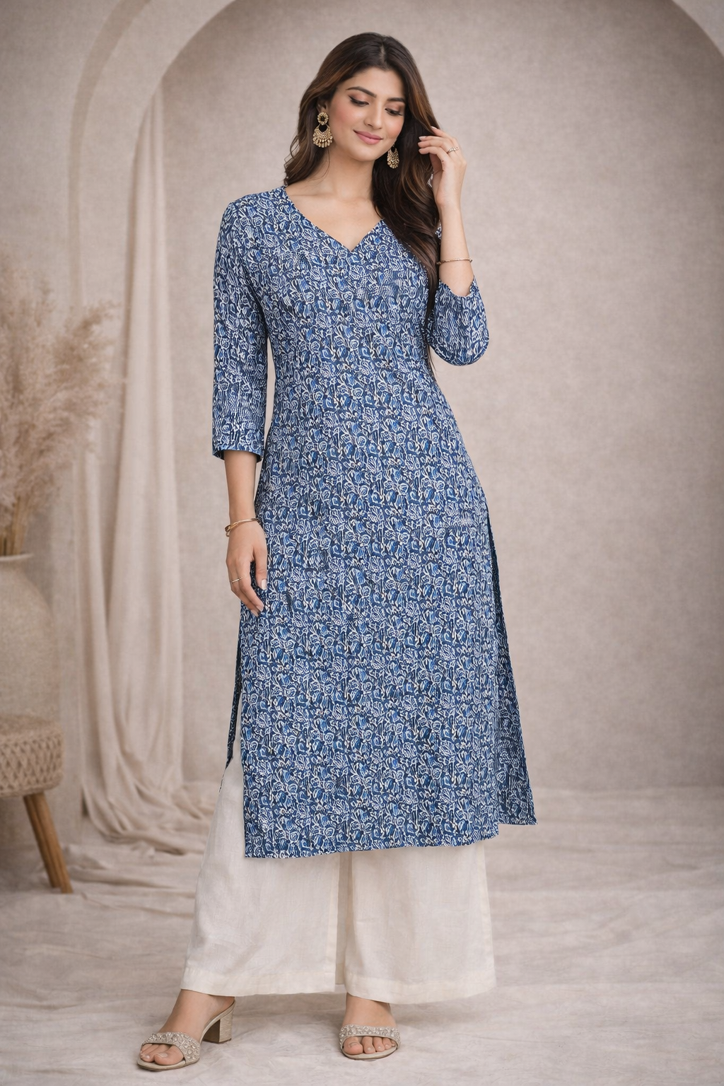 3XL Size| Basic Cotton Printed V Neck Kurti | Blue