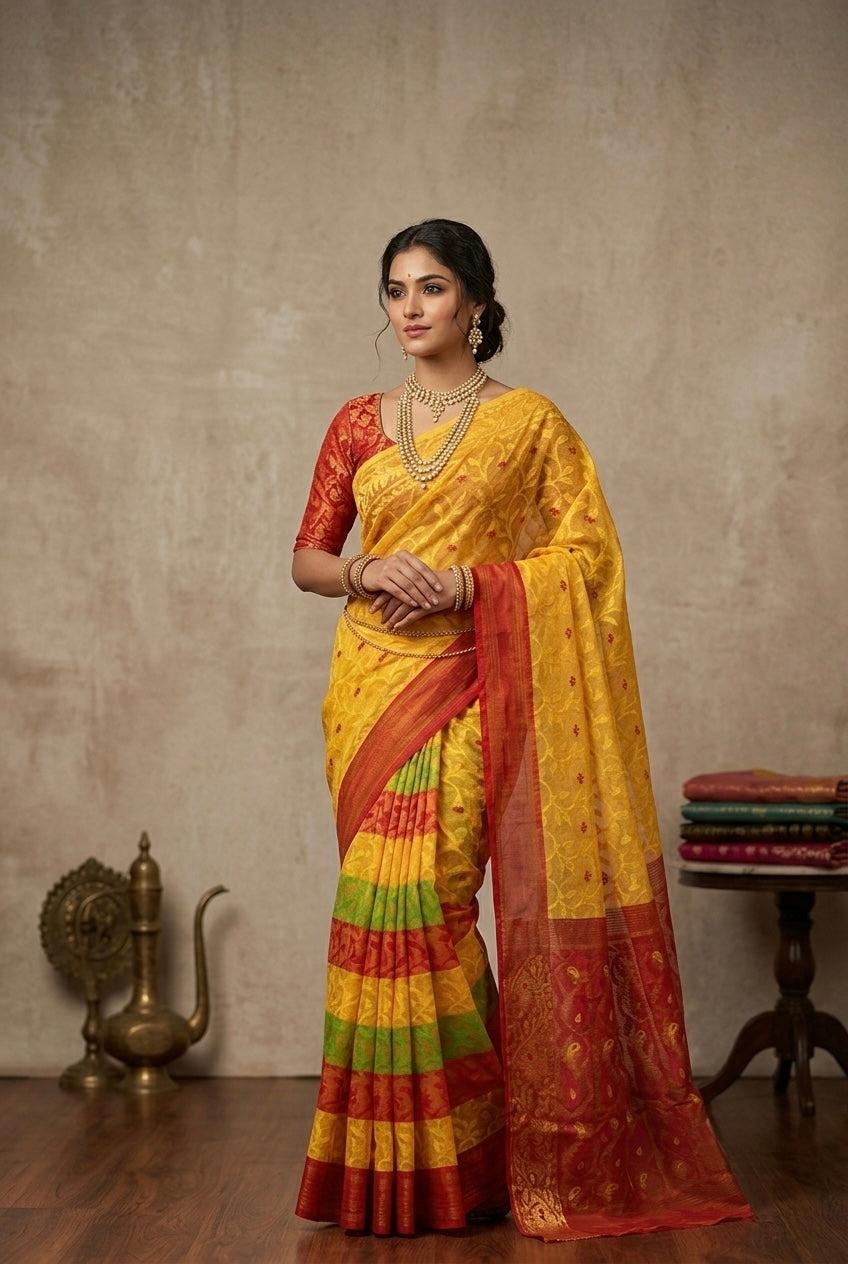Premium Hard Dhakai Jamdani Patlipallu Saree| Yellow