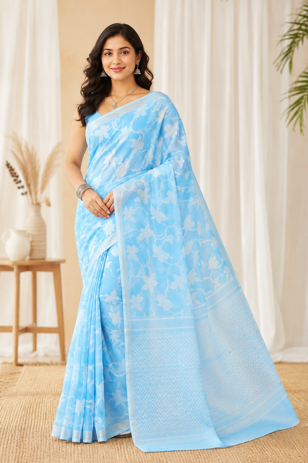 Semi Silk Soft Self Work Saree| Sky Blue