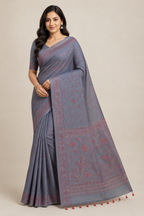 Hand Katha Stitch Silk Saree| Grey