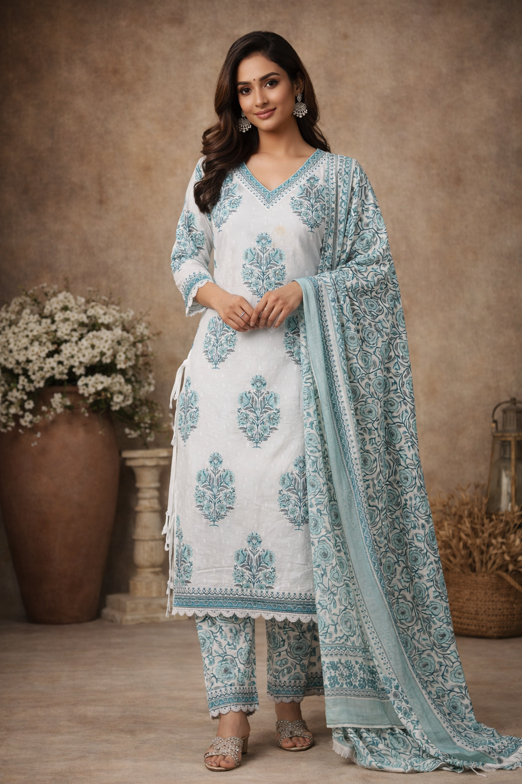 M SIZE| Premium Cotton 3 Pieces Stitched  Kurti/Salwar Suit| White